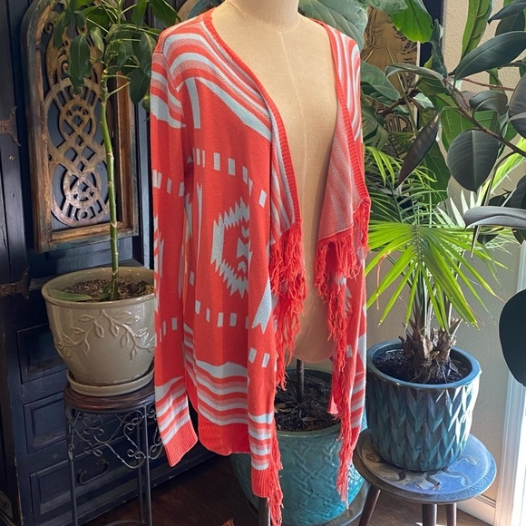 Umgee Tangarine Aztec asymmetric fringe cardigan - Picture 3 of 12
